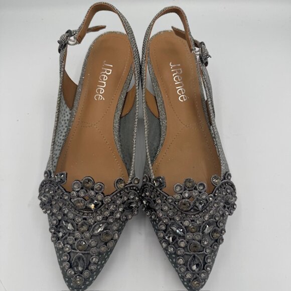 J. Renee Strovanni Slingback Pump Pewter Beaded Rhinestone, Lacy Mesh Silver 7W - Picture 7 of 8
